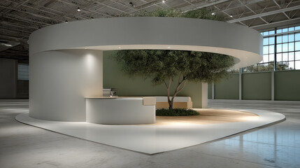 Modern circular reception desk with integrated tree, minimalist design, open space, natural light, indoor architecture, calm atmosphere