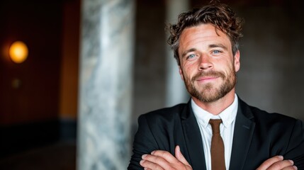 A handsome man smiles confidently with his arms crossed, radiating positivity and assurance in a cozy and modern environment, ideal for personal branding concepts.