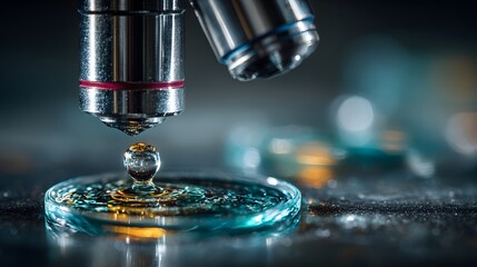 Close-up photograph in a modern laboratory focuses on a microscope over a petri dish with blue liquid, a single droplet captured mid-air creating ripples.