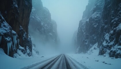 Snowstorm engulfs mountain pass revealing icy cliffs, desolate road. Isolated winter landscape evokes sense of serene solitude, harsh conditions. Dramatic atmospheric elements of cold weather, rugged