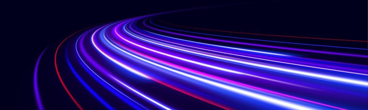 Vibrant energy lines stream across a dark space, creating a glowing motion blur effect. Neon hues shift from red to blue in a cyberpunk-inspired style. The image radiates high-speed flow.