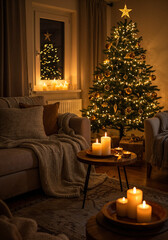 Cozy living room with glowing candles and decorated Christmas tree