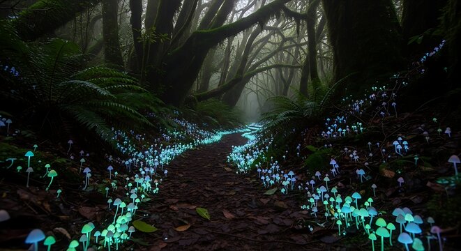 Enchanted Forest Path Bathed in the Ethereal Glow of Bioluminescent Fungi Under a Canopy of Ancient Trees