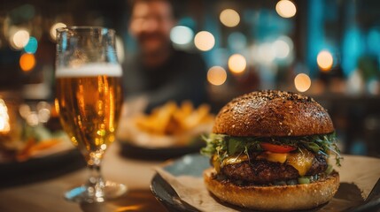 Delicious Gourmet Burger with Beer and Fries at a Restaurant, Focus on Burger, Blurred Background, Evening Meal