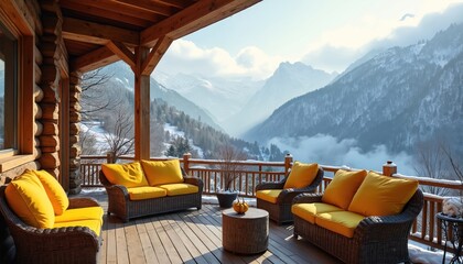 Cozy wooden patio with bright yellow cushions overlooks a serene snowy mountain valley. Enjoy tranquil winter vacation in a rustic cabin, surrounded by frosty forests, fog, and majestic peaks.