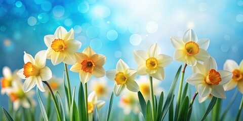 Obraz premium Colorful daffodils sway gently in soft light blue spring breeze