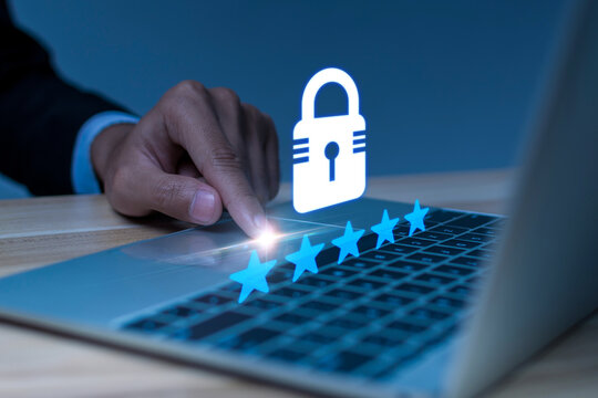 Cybersecurity. business people hand login security password on laptop computer, data protection, antivirus, authentication, internet access network technology and privacy technology concept