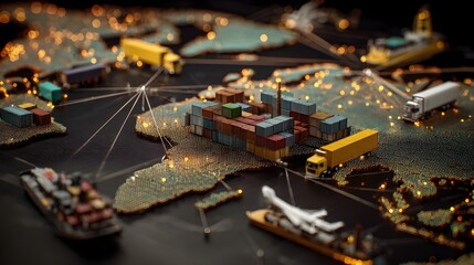 3D render of logistics network with trucks, ships, and planes