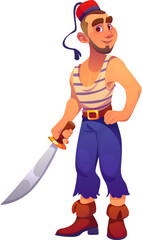 Cartoon Turkish medieval pirate sailor character holding a sword. Isolated vector corsair personage with a beard and traditional striped vest, exudes a sense of high seas adventure and boldness