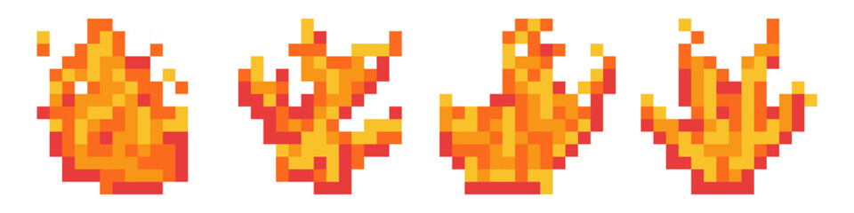 Pixel arcade game fire art. 8bit flame animation with blazing effect. Burning campfire for comic video or badge. Flaming energy element with red spark. Heat and fiery power shape vector set.