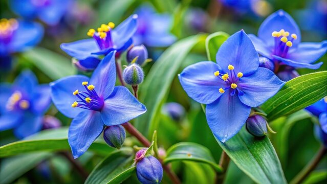 delicate, blue flowers blooming in garden, tradescantia ohiensis