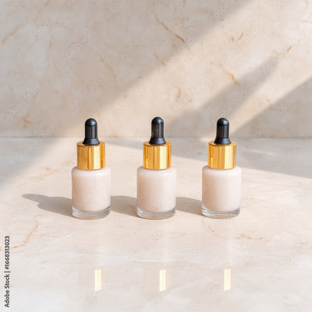 Poster three elegant glass dropper bottles with golden caps are arranged on a marble surface, showcasing be