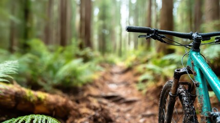 A scenic view of a muddy mountain bike resting on a forest path, surrounded by lush greenery, highlighting the adventure and connection with nature.