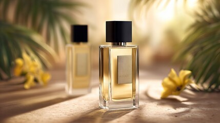 Elegant perfume bottles with black caps are beautifully arranged on a wooden surface, surrounded by tropical foliage and soft lighting, creating a luxurious ambiance for fragrance display