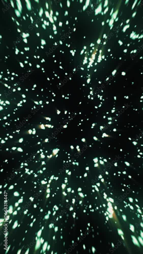 Poster experience a captivating animation of sparkling green elements or stars moving through a dark, energ