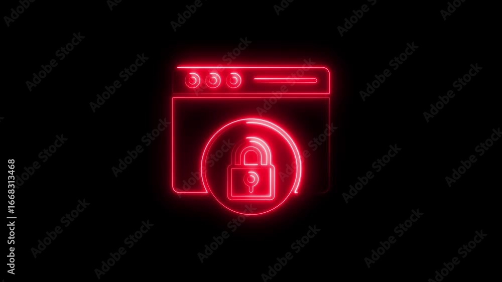Poster animated neon browser window with lock indicating internet security and protection