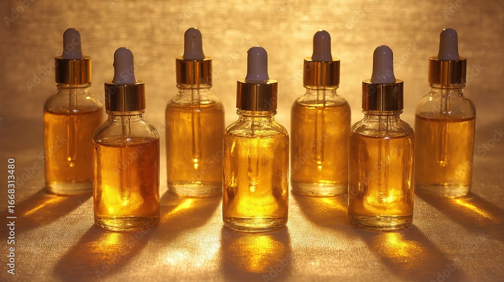 Poster eight glass dropper bottles filled with golden oil are arranged in a circular pattern on a reflectiv
