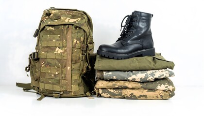 Backpack boot and stack of military clothing. Suitable for adventure, outdoor, hiking, camping, armythemed designs, posters, and websites.