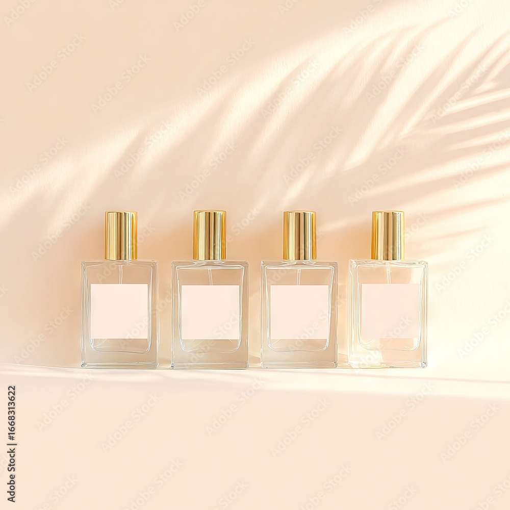 Poster four elegant glass perfume bottles with golden caps arranged in a row against a soft peach backgroun