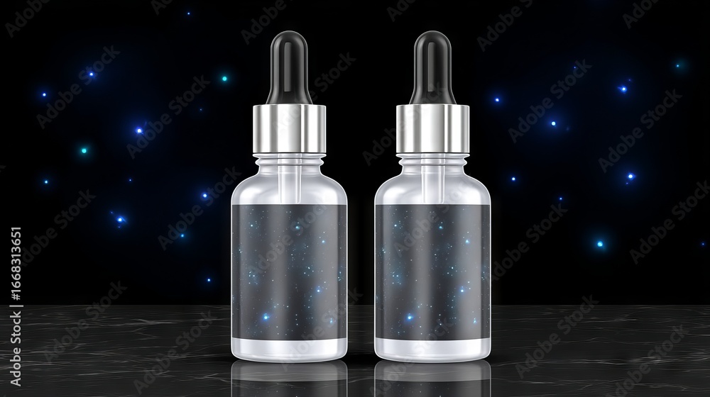 Poster two glass dropper bottles with clear liquid are displayed on a reflective surface, surrounded by a s