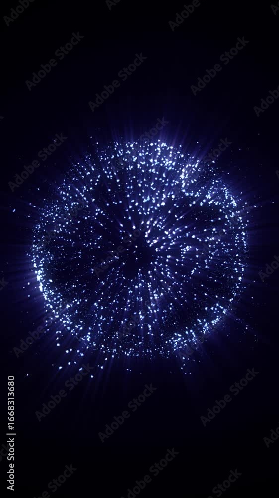 Poster captivating abstract animation showcasing a glowing blue particle sphere surrounded by radiant backg