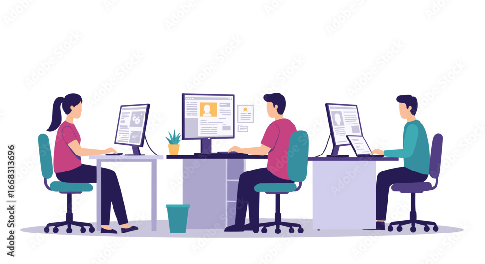 Poster office team working on computers in modern workspace