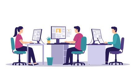 Office team working on computers in modern workspace