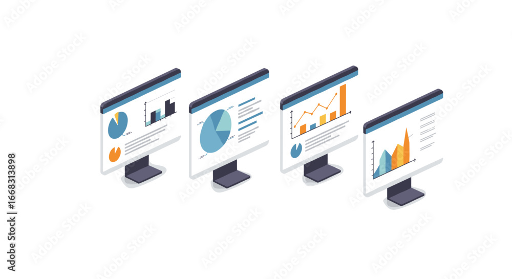 Poster isometric monitors displaying data analytics with graphs and charts