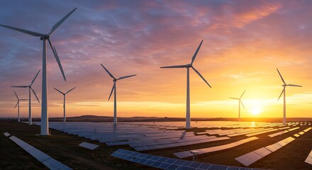 Innovation and Future Energy Illustrated by Wind Turbines and Solar Panels at Sunset