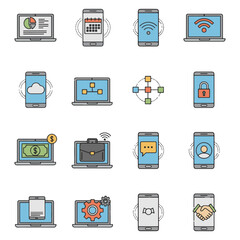 Flat icons depicting various business technology tools and devices.
