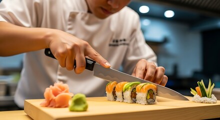 Professional sushi chef carefully slicing a fresh salmon and avocado maki roll in a restaurant kitchen
