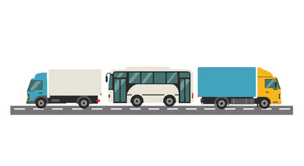 Colorful vehicles in flat design: trucks and bus on roadway