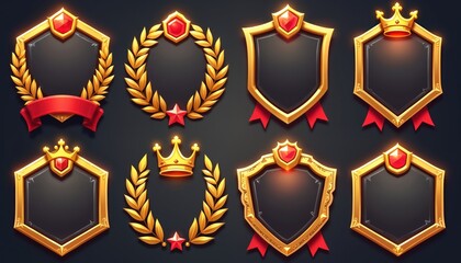 Set of golden hexagonal and shield-shaped frames with red gem accents, laurel wreaths, crowns, and ribbons. These awards represent game rankings, victory, and achievement for player avatars.