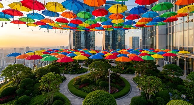 Floating sea of colorful umbrellas above a lush green sky garden in a modern metropolis