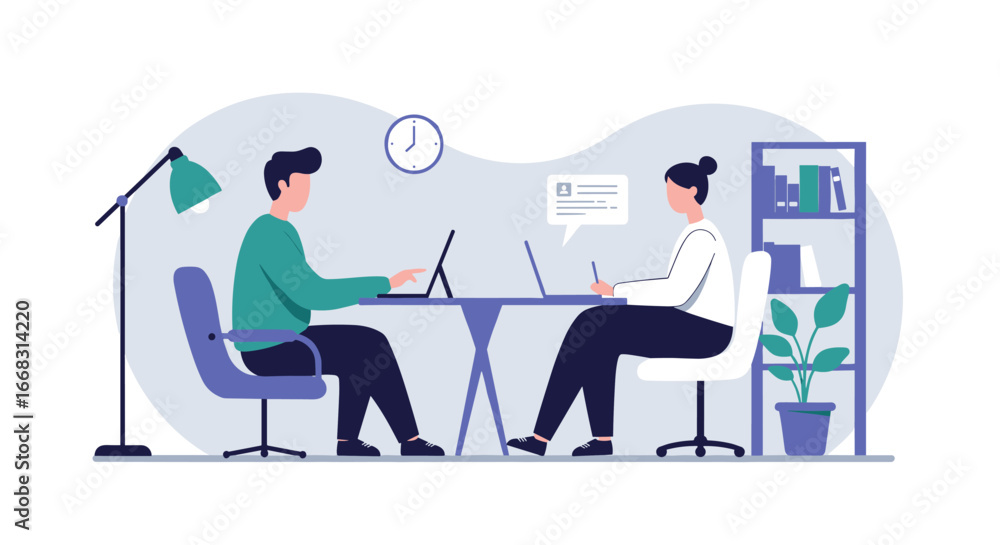 Aufkleber modern office workspace with colleagues collaborating on laptops in a minimalist setting