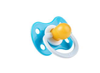 Baby pacifier with blue shield and yellow silicone nipple for soothing comfort and oral development