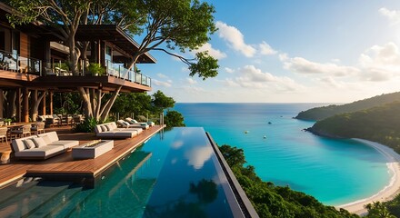 Luxury tropical resort with infinity pool overlooking a turquoise bay