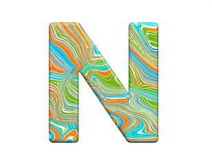 Vibrant, stylized letter N, formed by swirling, colorful marbling patterns against a plain white background.