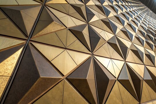 A close up of a wall with a geometric pattern of triangles