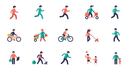 Naklejka premium Flat style people performing daily activities with family and pets