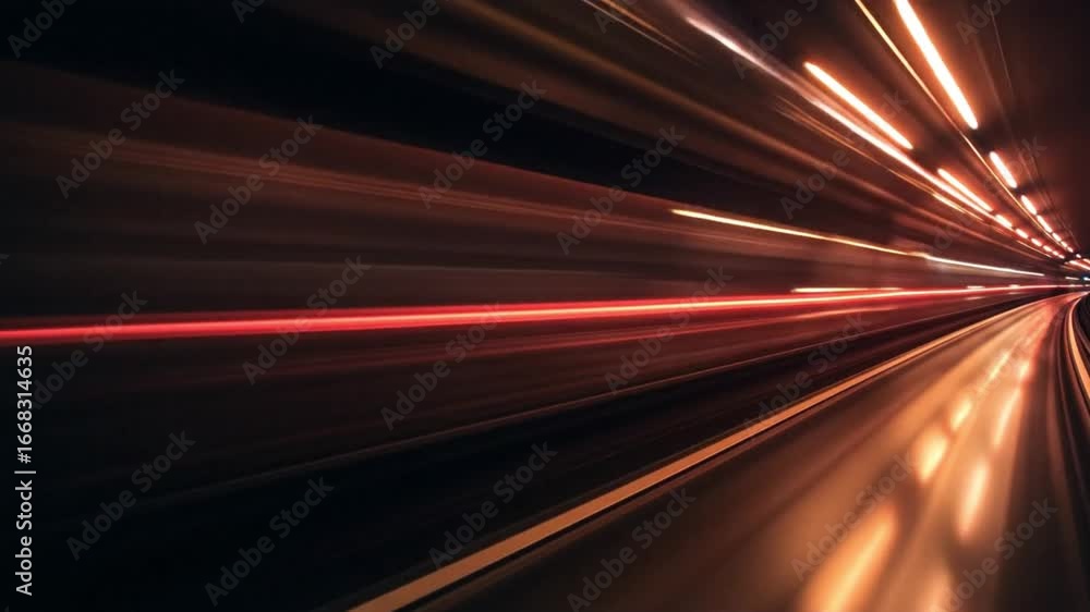Poster light streaks create motion blur in a tunnel with red and white hues