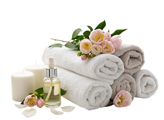 Spa essentials arrangement with towels candles flowers and oil for relaxing and wellness therapy