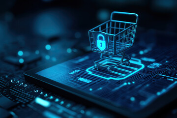 Conceptual Illustration of Secure Checkout with Lock Icon, Shopping Cart, and Tablet UI in Cybersecurity Style