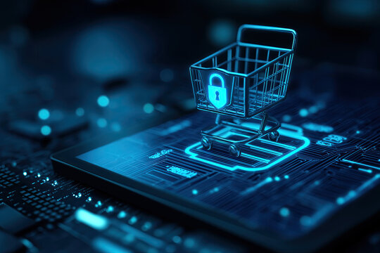 Conceptual Illustration of Secure Checkout with Lock Icon, Shopping Cart, and Tablet UI in Cybersecurity Style