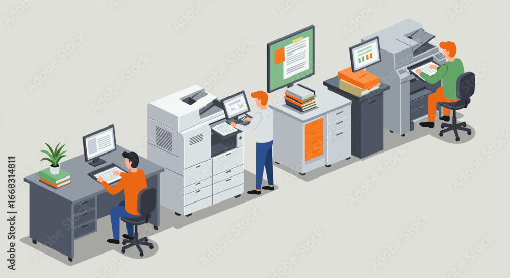 Poster office workflow with team at desks and printers in isometric workspace