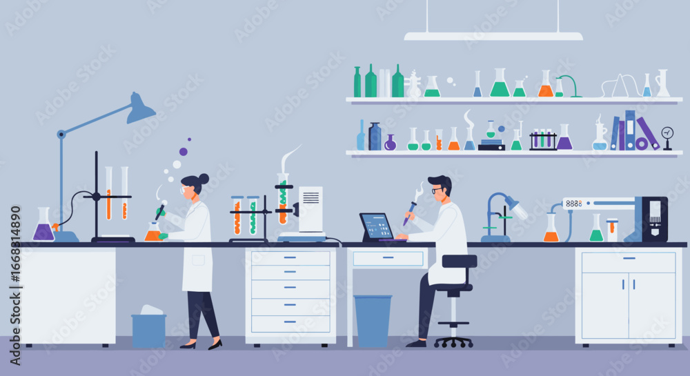 Poster modern scientific laboratory with professionals conducting experiments in a flat design