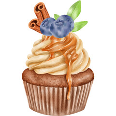 Watercolor Illustration of Cupcake with Caramel and Cinnamon