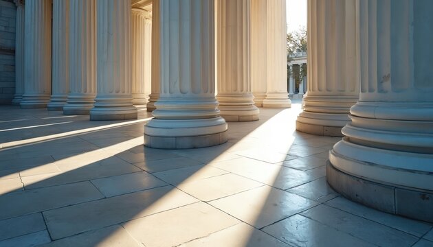 Neoclassical white columns cast long shadows on tiled walkway. Sunlight streams through colonnade, creating dramatic contrast. Architectural scene suggests themes of law, government, historical