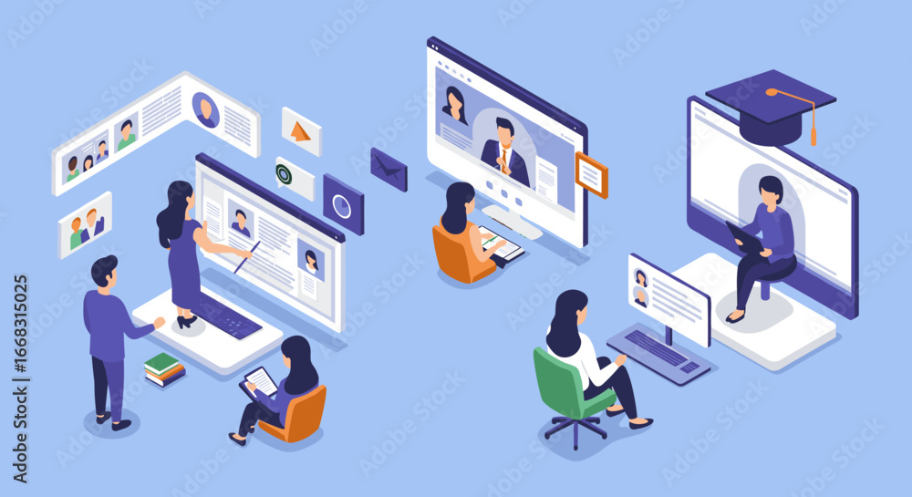 Poster remote learning isometric concepts: virtual classrooms and online communication