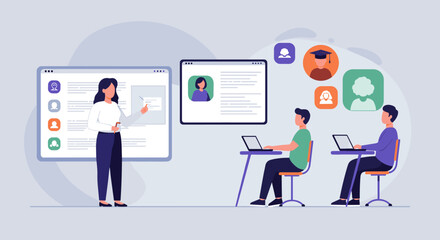 Fototapeta premium Online education concept with teacher and students in virtual classroom setting